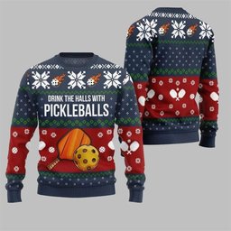 2026 Christmas Drink The Halls With Pickleballs Ugly Sweater Navy