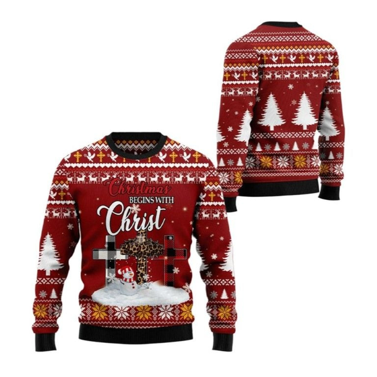 2026 Christmas Christian Begins With Christ Ugly Christmas Sweater