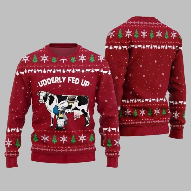 2026 Christmas Cow Udderly Fed Up Ugly Christmas Sweater