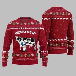 2026 Christmas Cow Udderly Fed Up Ugly Christmas Sweater