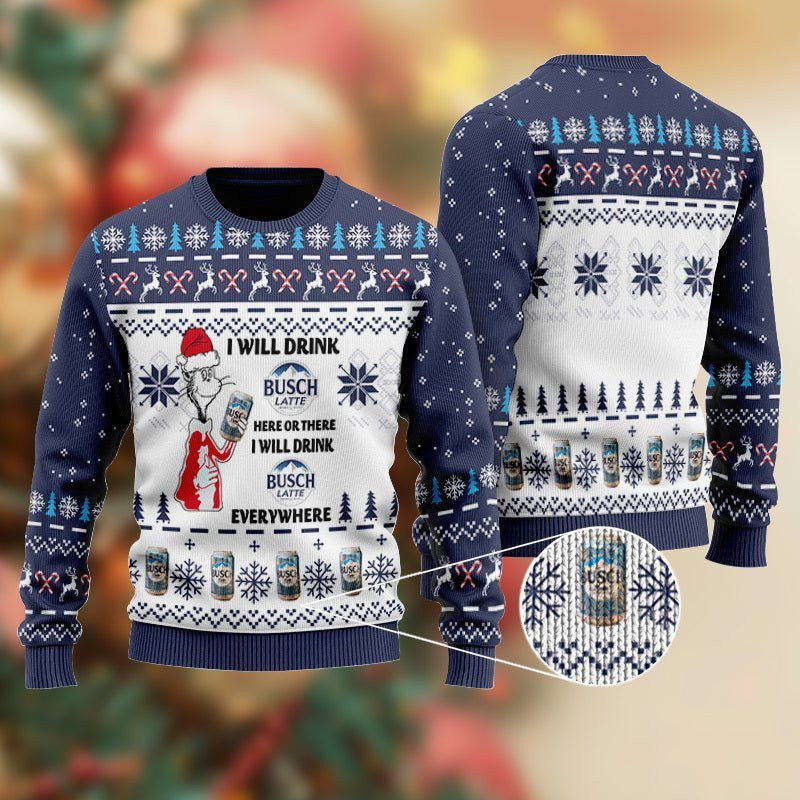 Busch Latte Cat Hat Will Drink Everywhere Ugly Christmas Sweater
