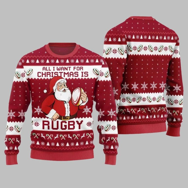 2026 Christmas All I Want For Christmas Is Rugby Ugly Christmas Sweater
