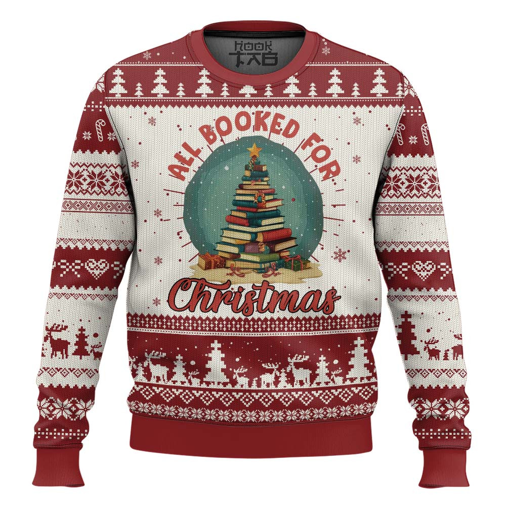 Xmas Book Lover Ugly Christmas Sweater All Booked For Christmas Tree Bookaholic TS09