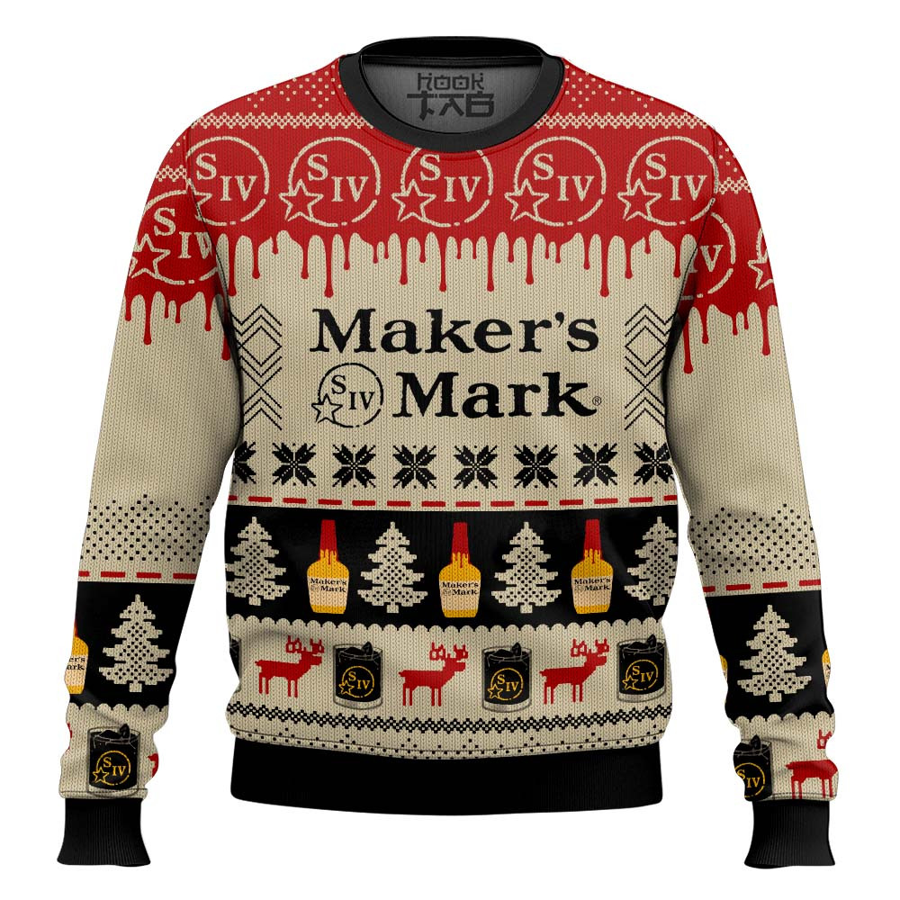 Maker?s Mark Bourbon Whisky Pine Tree & Reindeer Ugly Christmas Sweater