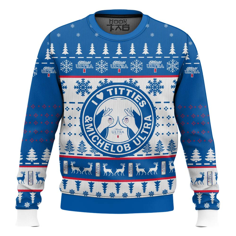 I Love Titties And Michelob Ultra Ugly Christmas Sweater