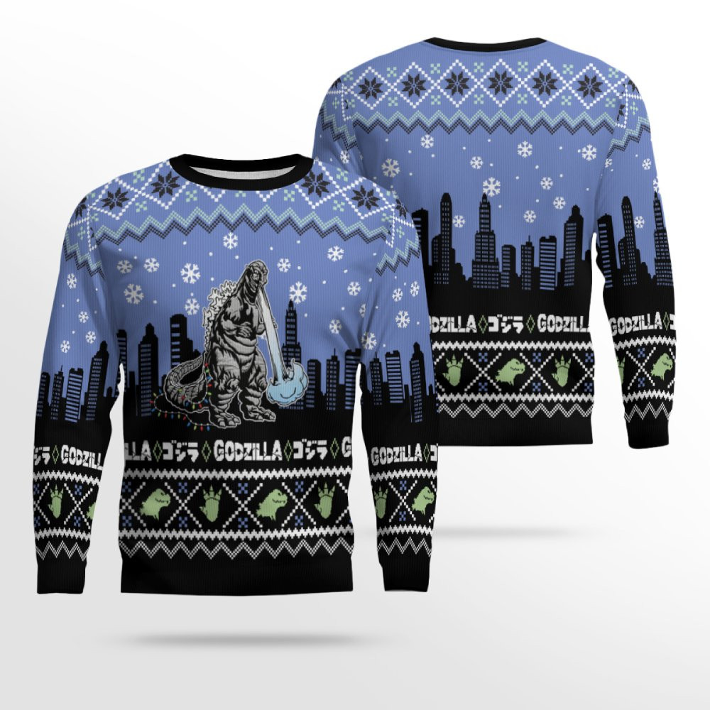 Godzilla City Scene Holiday Ugly Christmas Sweater