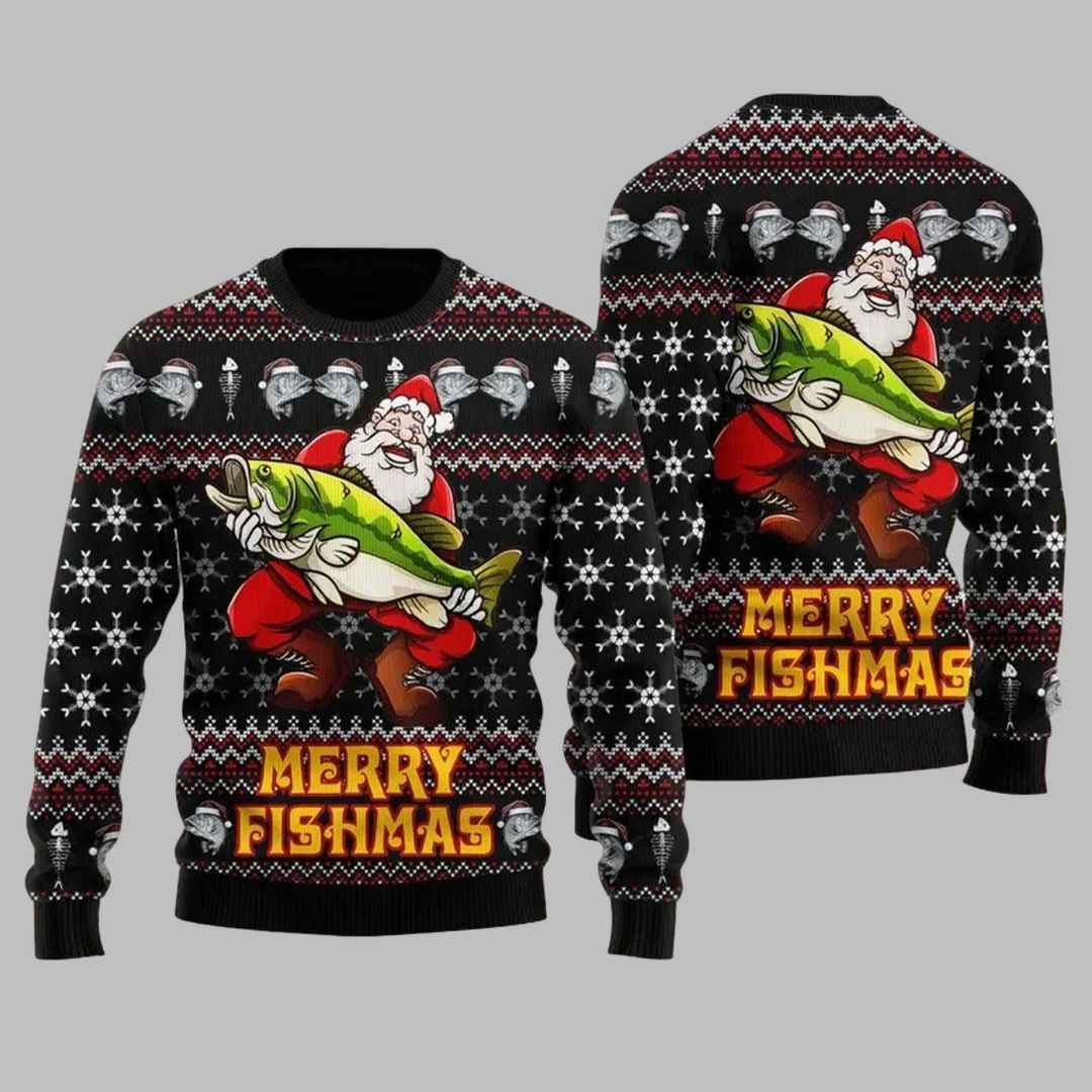 Merry Fishmas Santa Hug Fishing Ugly Christmas Sweater