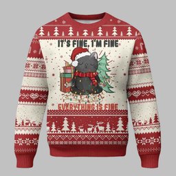 Christmas Black Cat It?s Fine I?m Fine Everything Is Fine Ugly Christmas Sweater