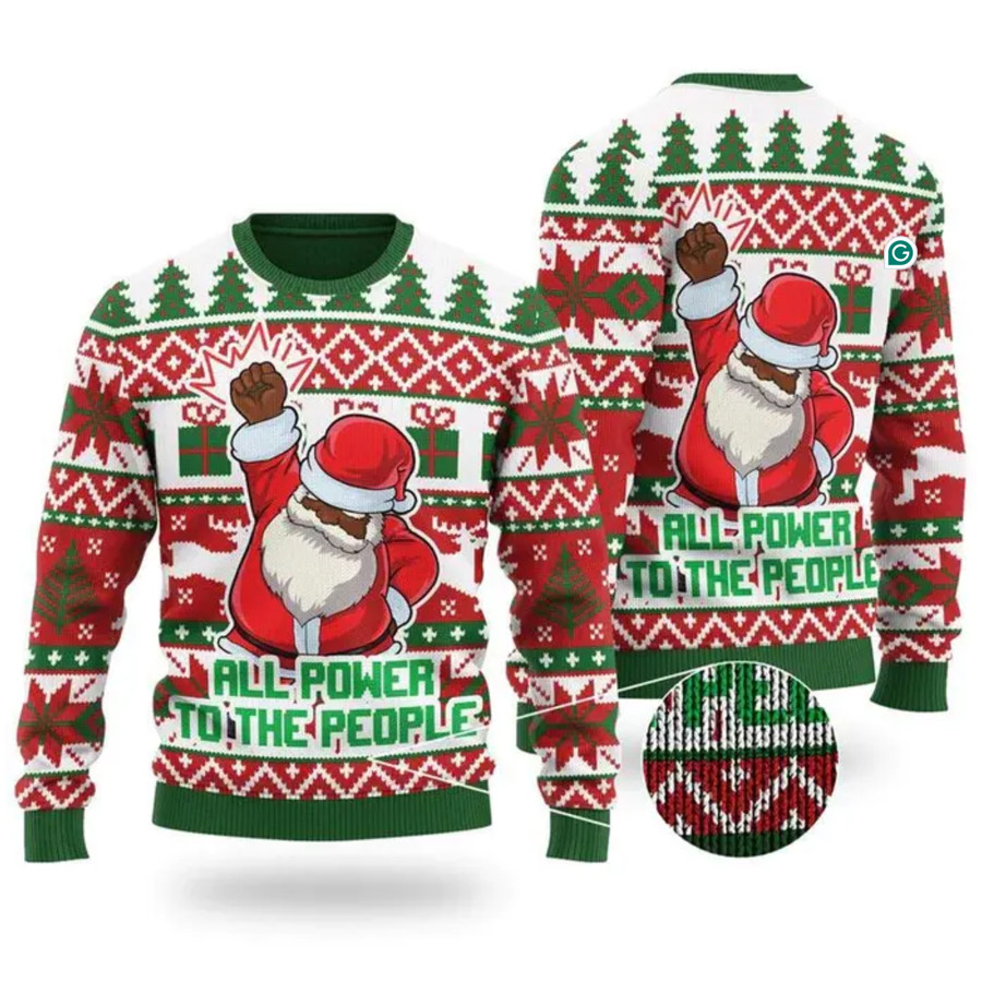 Black Santa All Power To The People Ugly Christmas Sweater