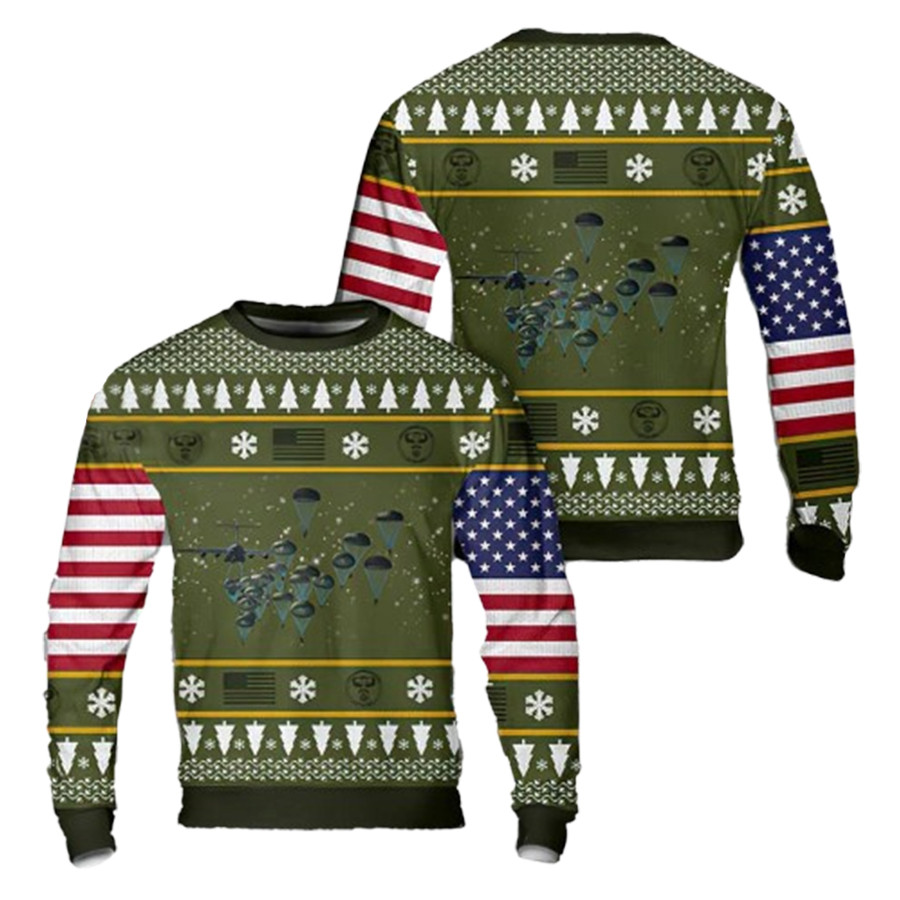 Us Army Paratroopers With The 82Nd Airborne Division Parachute Flag American Ugly Christmas Sweater