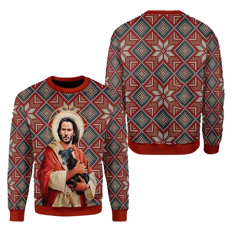 Jesus Keanu Reeves With Dog Ugly Christmas Sweater