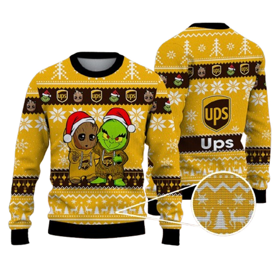 Ups Company Best Friends Baby Groot And Grinch Santta Funny Ugly Christmas Sweater