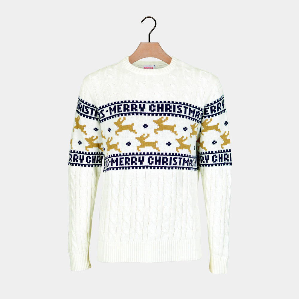 Classy White Reindeer Family Organic Cotton Ugly Christmas Sweater