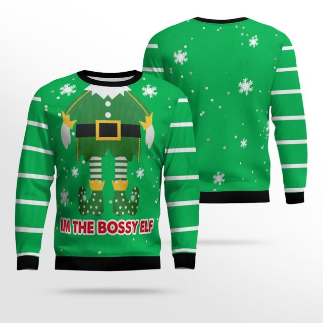 I'm The Bossy Elf Ugly Christmas Sweater Green