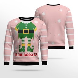 I'm The Bossy Elf Ugly Christmas Sweater Powder Pink