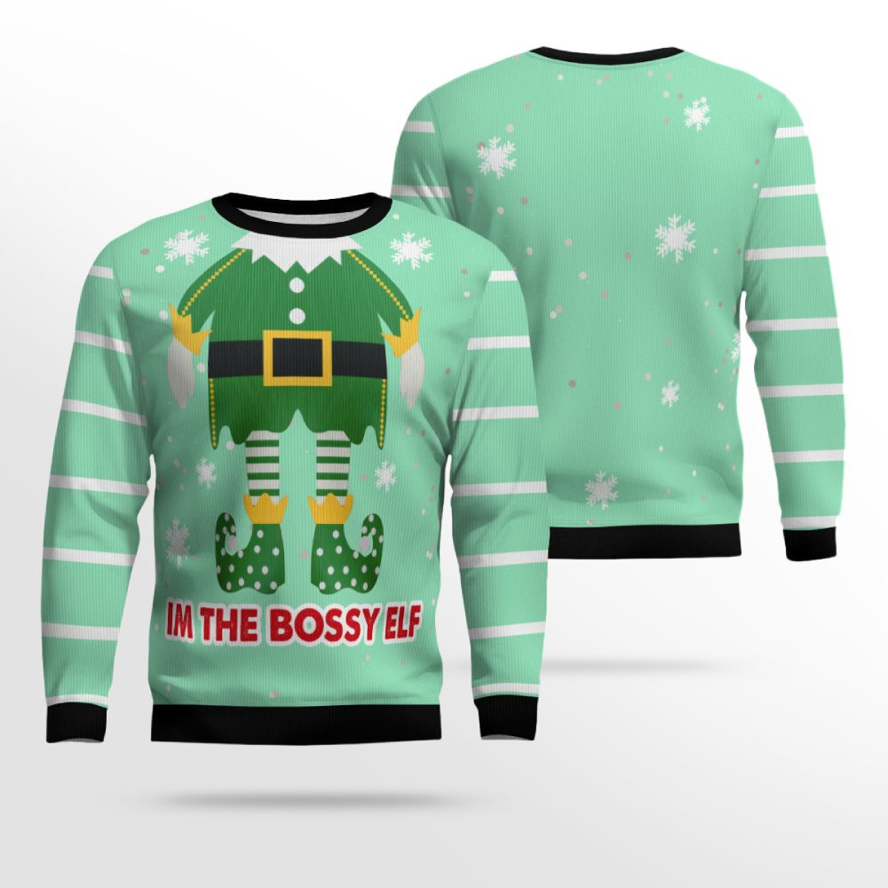 I'm The Bossy Elf Ugly Christmas Sweater Seafoam Green