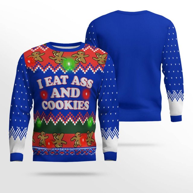 I Eat Ass and Cookies Ugly Christmas Sweater Blue