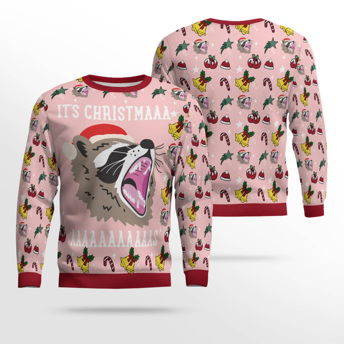 Raccoon It's Christmas Ugly Christmas Sweater Powder Pink