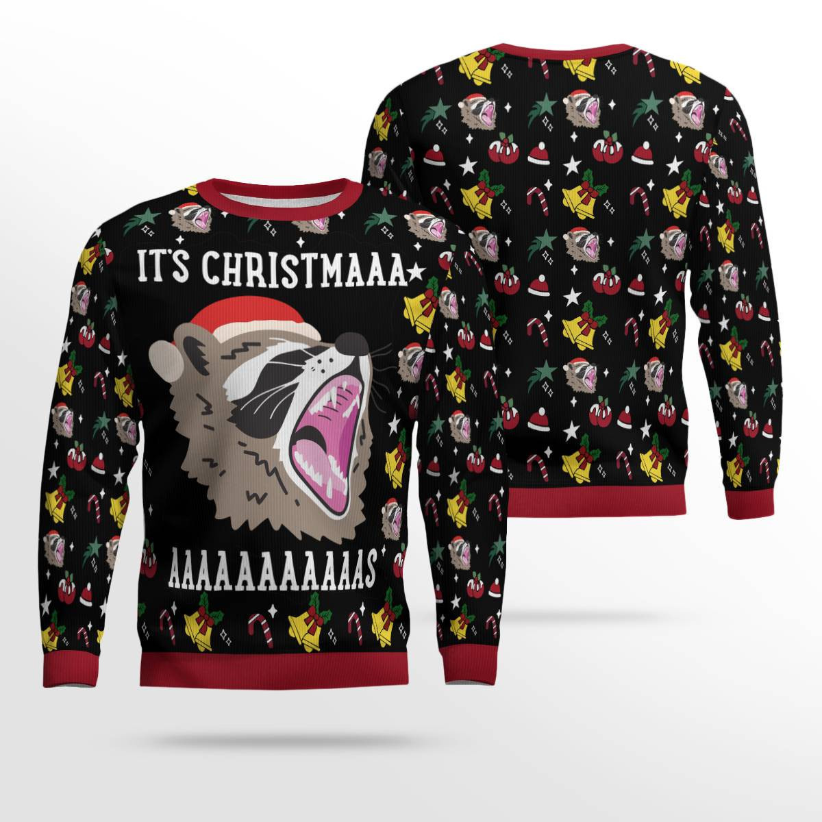 Raccoon It's Christmas Ugly Christmas Sweater Black