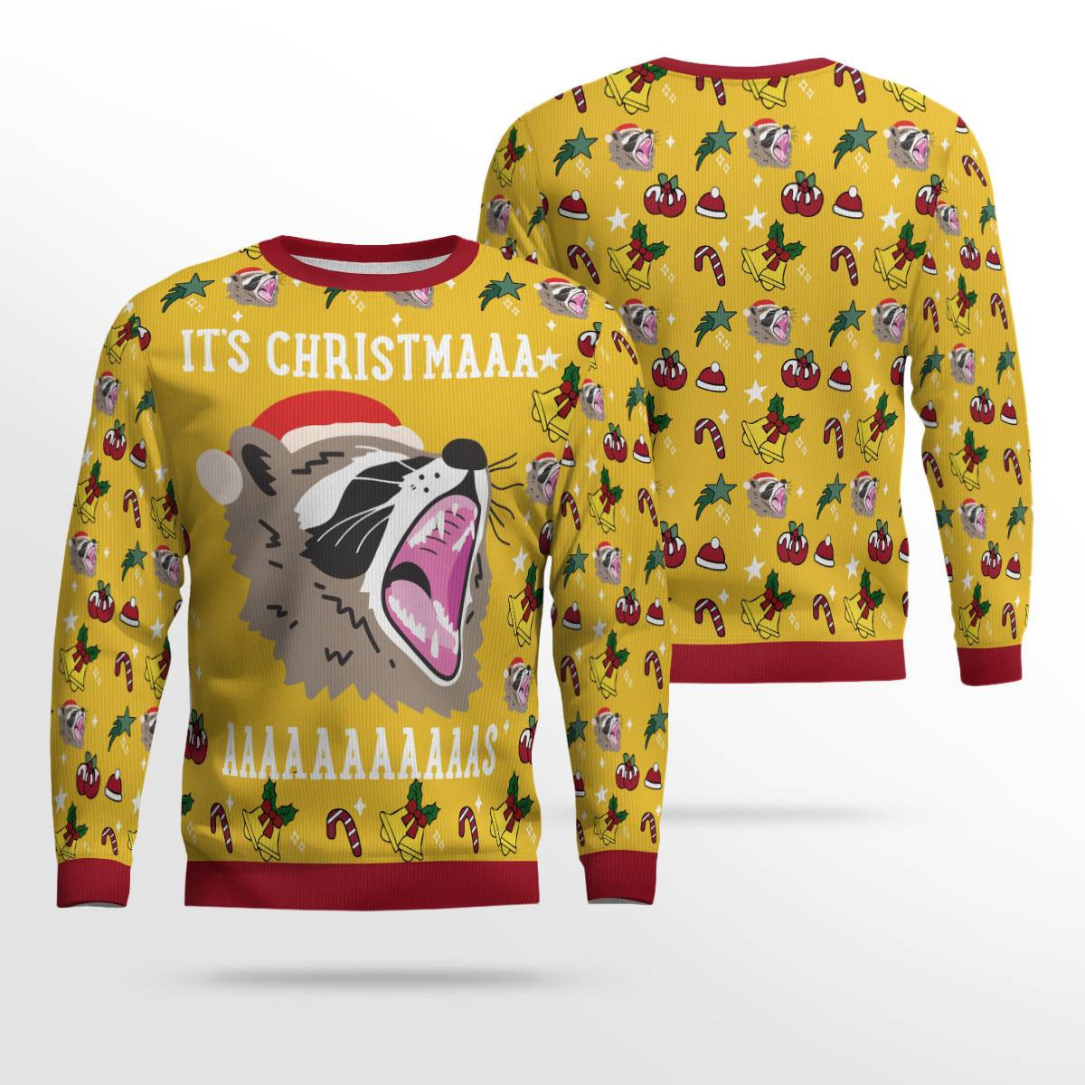 Raccoon It's Christmas Ugly Christmas Sweater Gold Metallic