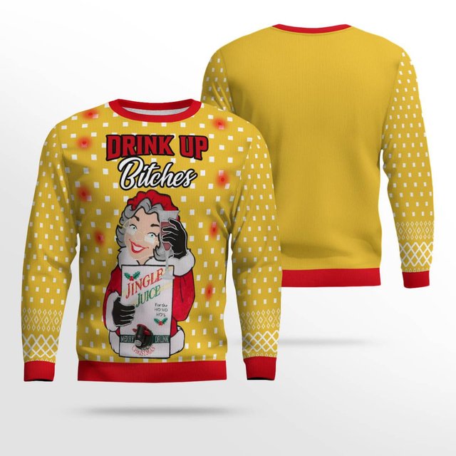 Drink Up Bitches Ugly Christmas Sweater Gold Metallic