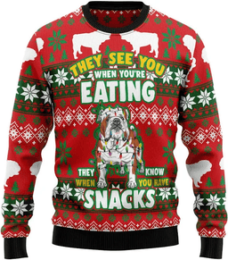 Bulldog They See You When You're Eating Snack Ugly Christmas Sweater