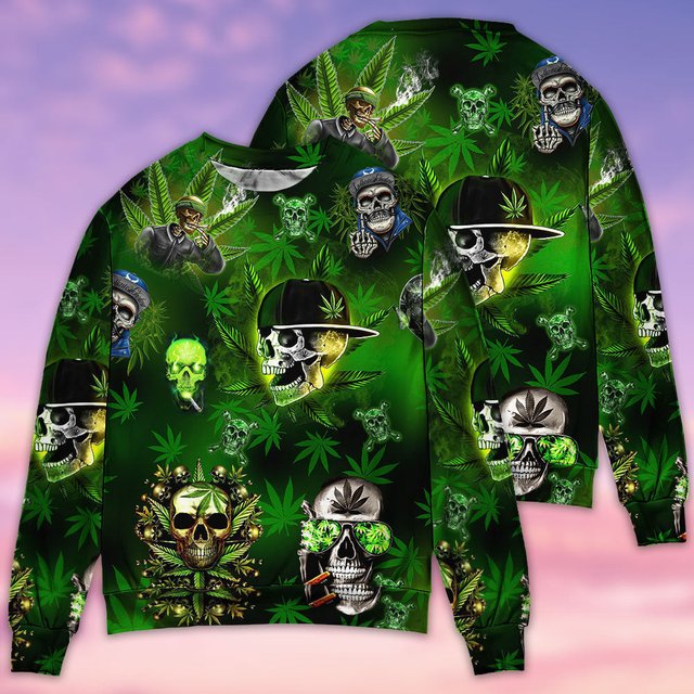 Skull Let's Get High Green Christmas Ugly Sweater