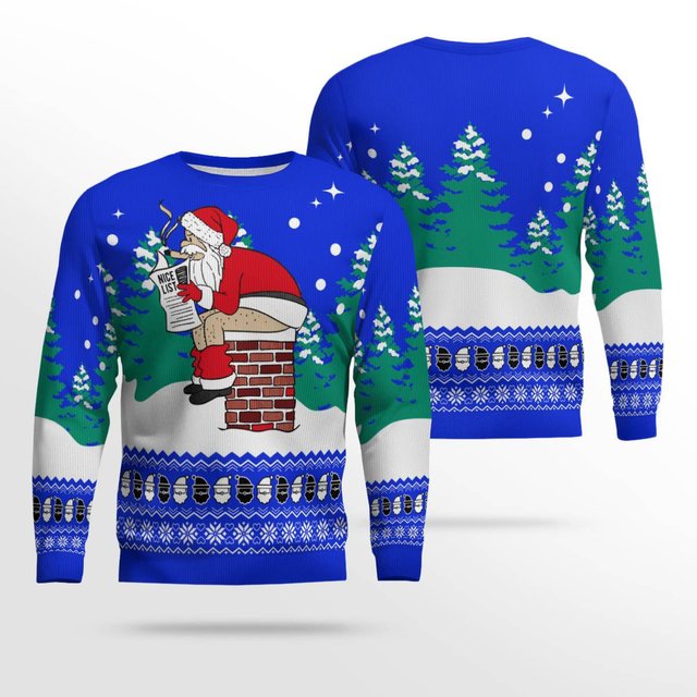 Funny Santa Sits On The Chimney Ugly Christmas Sweater Blue