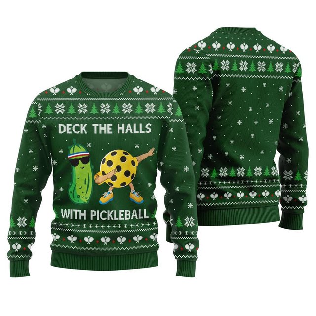 Deck The Halls With Pickleball Ugly Christmas Sweater Green