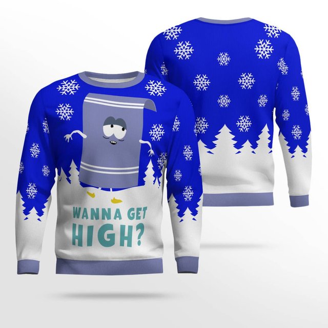 Towelie Red Eyes Wanna Get High Ugly Christmas Sweater Blue