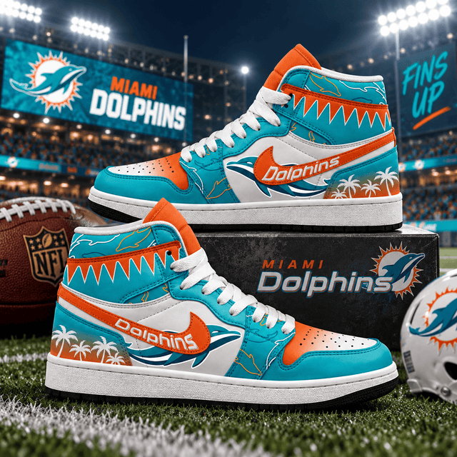 Miami Dolphins Aqua Orange Football Pride AJ1 High Top Shoes for Football Fans