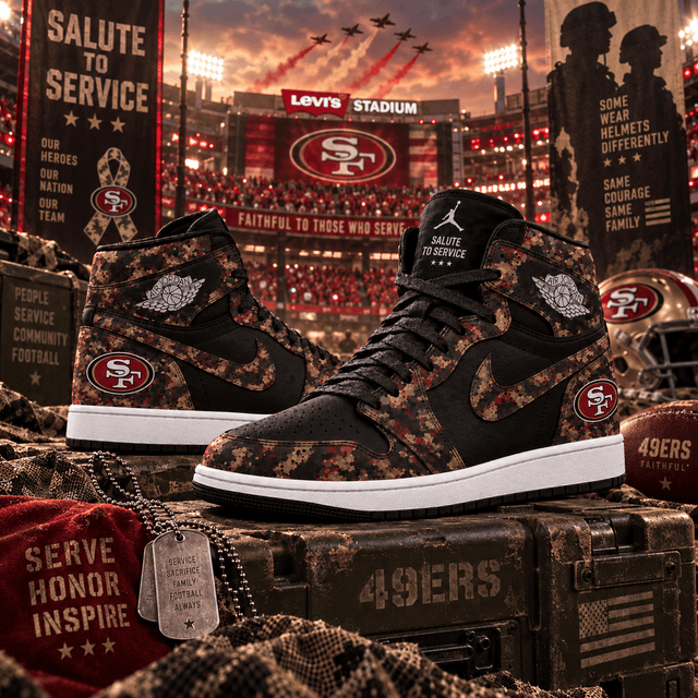 San Francisco 49ers 2026 Salute to Service Black Camo AJ1 High Top Shoes