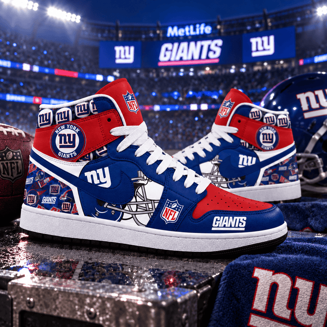 New York Giants Blue Red Football Pride AJ1 High Top Shoes for Football Fans