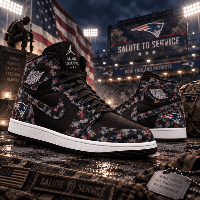 New England Patriots 2026 Salute to Service Black Camo AJ1 High Top Shoes