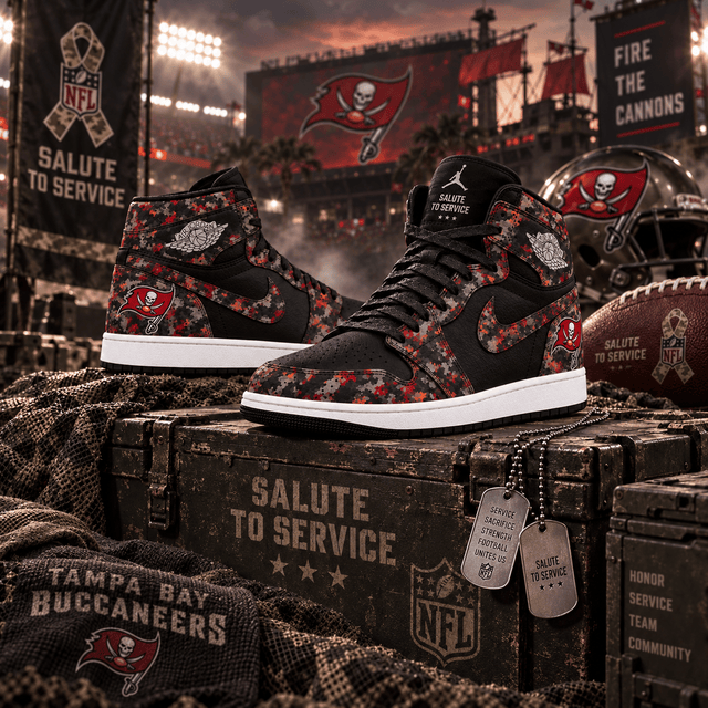 Tampa Bay Buccaneers 2026 Salute to Service Black Camo AJ1 High Top Shoes