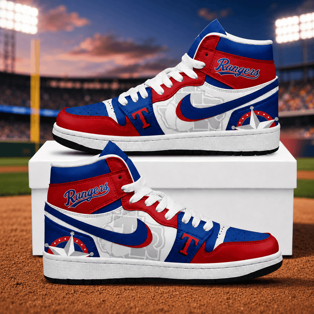 Texas Rangers Red Blue White AJ1 High Top Shoes for Baseball Fans