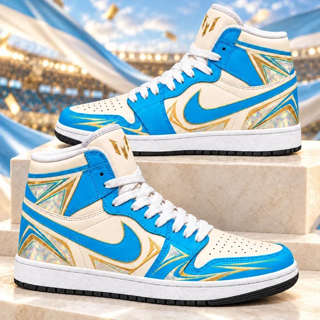 Lionel Messi GOAT Cream Blue Gold AJ1 High Top Shoes for Soccer Fans