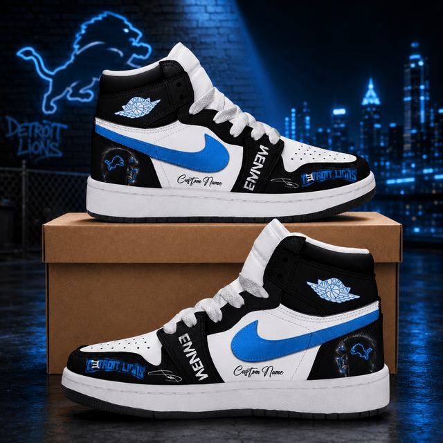 Custom Name Eminem x Detroit Lions Signature AJ1 High Top Shoes for Football Fans