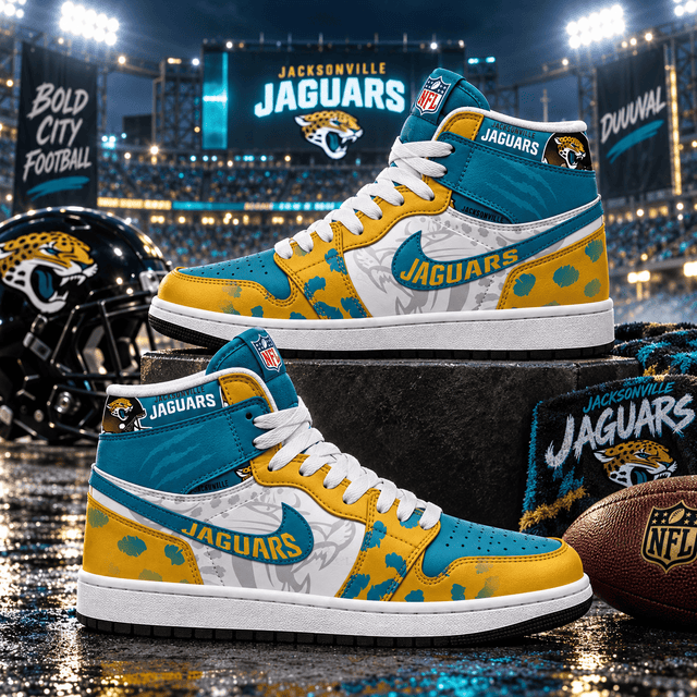 Jacksonville Jaguars Teal Gold Football Pride AJ1 High Top Shoes for Football Fans
