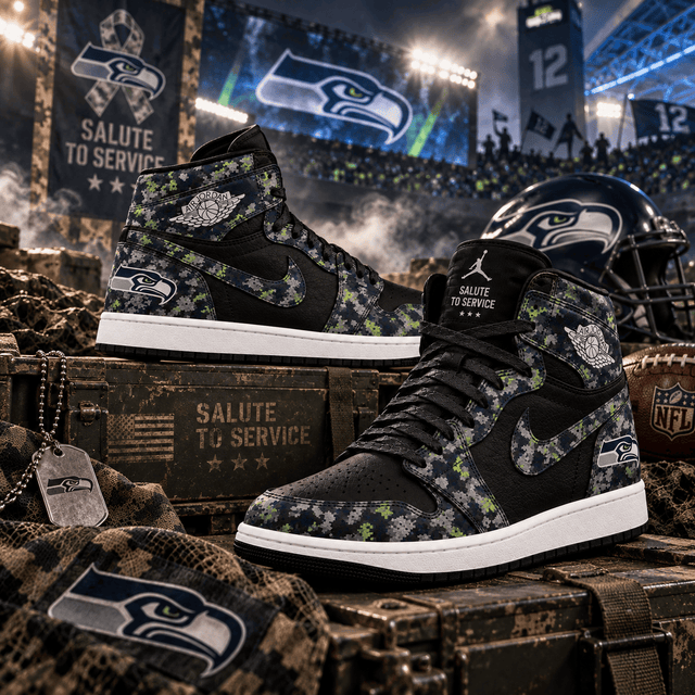 Seattle Seahawks 2026 Salute to Service Black Camo AJ1 High Top Shoes