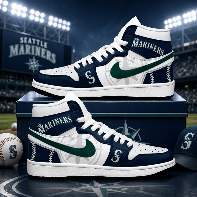Seattle Mariners Navy Teal White AJ1 High Top Shoes for Baseball Fans