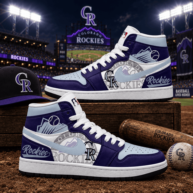 Colorado Rockies Purple White Baseball Pride AJ1 High Top Shoes for Baseball Fans