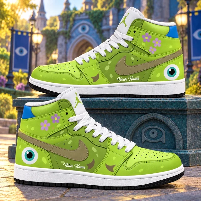 Monsters Inc Mike Wazowski Lime Green Floral AJ1 High Top Shoes for Disney Fans
