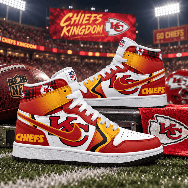Kansas City Chiefs Red Gold Football Pride AJ1 High Top Shoes for Football Fans