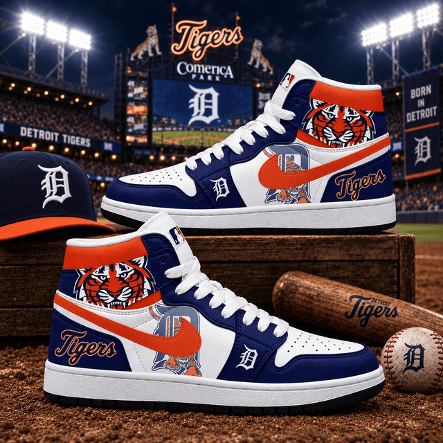 Detroit Tigers Navy Orange Baseball Pride AJ1 High Top Shoes for Baseball Fans