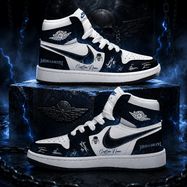 Custom Name Megadeth Signature Black Blue AJ1 High Top Shoes for Music Fans