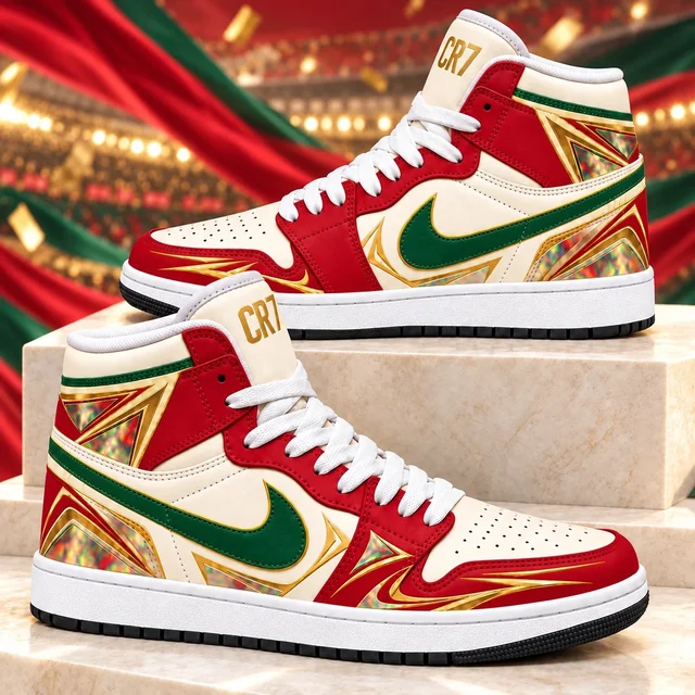 Cristiano Ronaldo CR7 Portugal Red Green Gold AJ1 High Top Shoes for Soccer Fans