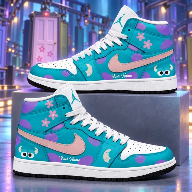 Monsters Inc. Sulley Teal Purple Pink Floral AJ1 High Top Shoes for Disney Fans