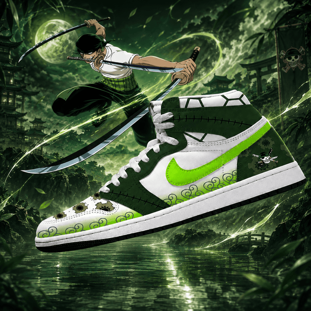 One Piece Roronoa Zoro Green White AJ1 High Top Shoes for Anime Fans