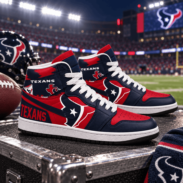 Houston Texans Navy Red Football Pride AJ1 High Top Shoes for Football Fans
